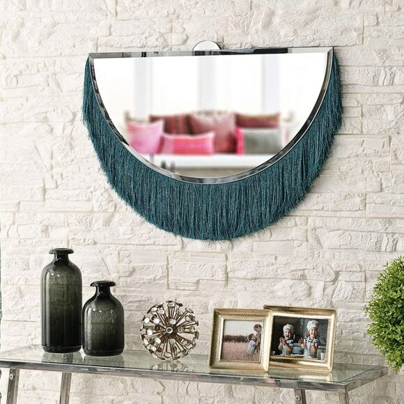 Unique NEW IN BOX Gorgeous Boho Mod Teal Fringe Half Moon Beveled Wall Mirror - Picture 1 of 9